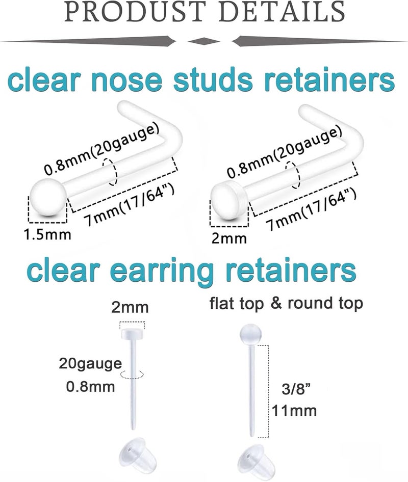 QWALIT Clear Nose Studs for Work Clear Nose Rings for Work Clear Nose Piercing Plastic Nose Rings for Surgery Invisible Nose Retainer Clear Cartilage Earring Clear Earrings for Sports Septum Retainer - Image 2